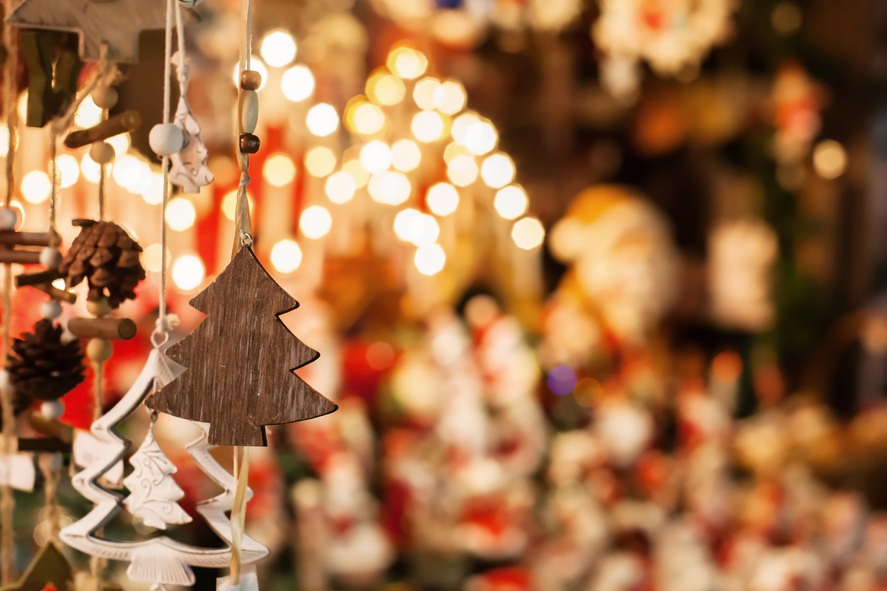 christmas decoration tree in the shop, winter market in Europe