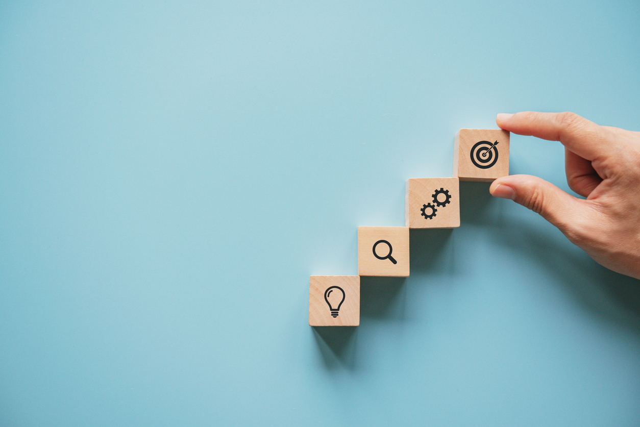 Business concept growth success process, Woman hand arranging wood block with icon business strategy and Action plan.