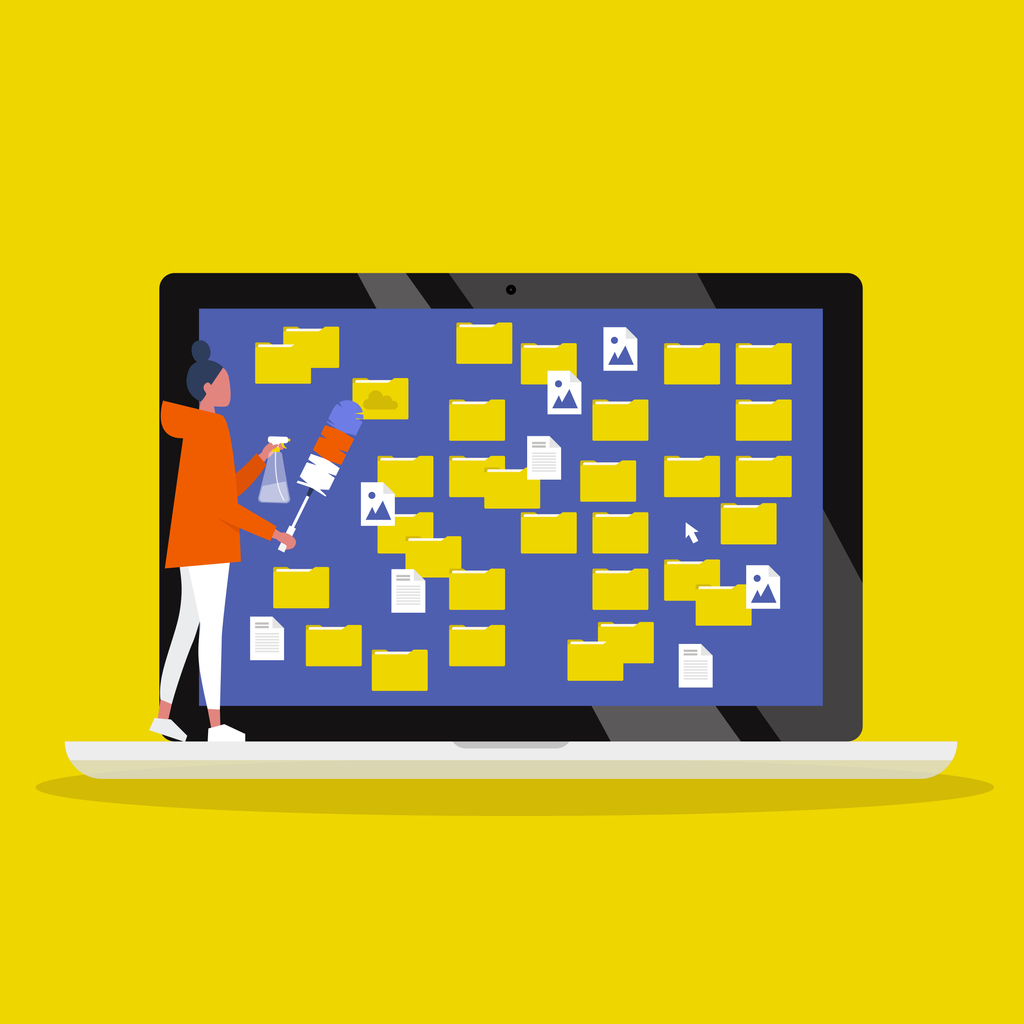 Young female character cleaning up the desktop folders. Digital hygiene. Computer files. Mess. Conceptual vector illustration, clip art