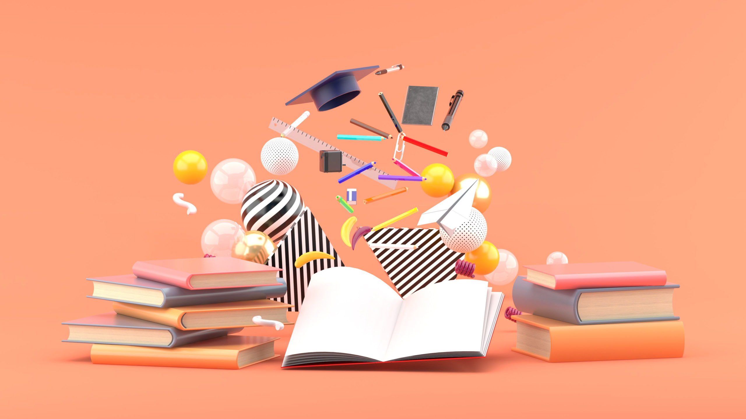 School Supplies Floating out of a book amidst colorful balls on a pink background.-3d render. »n
