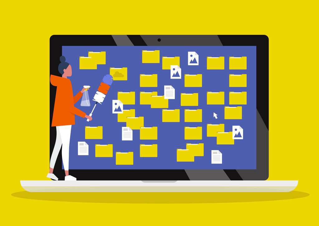 Young female character cleaning up the desktop folders. Digital hygiene. Computer files. Mess. Conceptual vector illustration, clip art