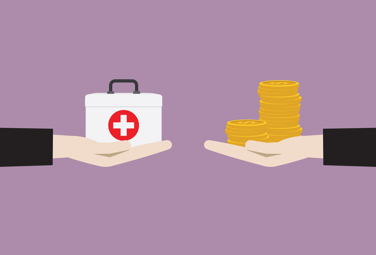 Businessman exchange between Healthcare box and money